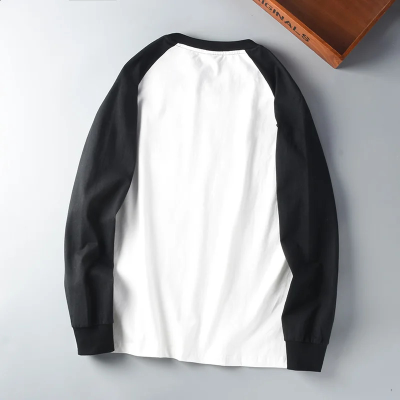 American Retro Long Sleeve O-neck Contrast Splicing Embroidery T-shirt Mens Fashion 100% Cotton Washed Old Casual Sport Tops 240812