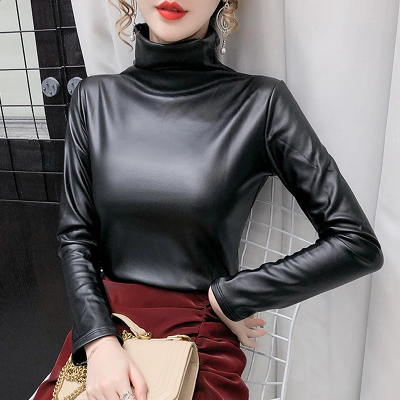Shintimes Turtleneck Soft PU Leather Tshirt Womens Long Sleeve Winter Warm Clothing Camisetas De Mujer 240812