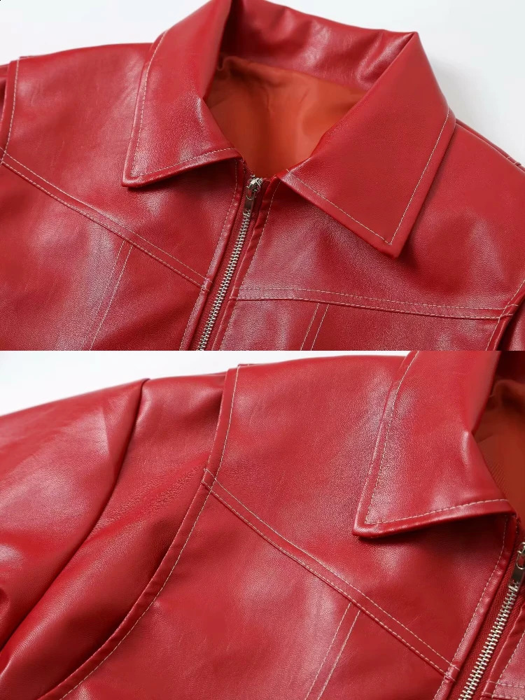 Womens Fashion Splicing Oversized Artificial Leather Bomber Jacket Flip Collar Long Sleeve Retro PU Autumn 240808