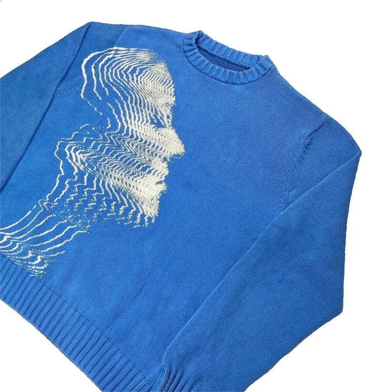 Blue Sweater Mens Y2K Knitted Sweater Harajuku Anime Pattern Retro Knitted Sweater Unisex Cotton Pullover Winter Sweater EMO 240812