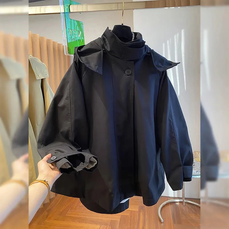 2024 Spring and Autumn Highgrade Fashion Cloakstyle Loose Casual Zipper Hooded Longsleeved Windbreaker Coat Woman 240812
