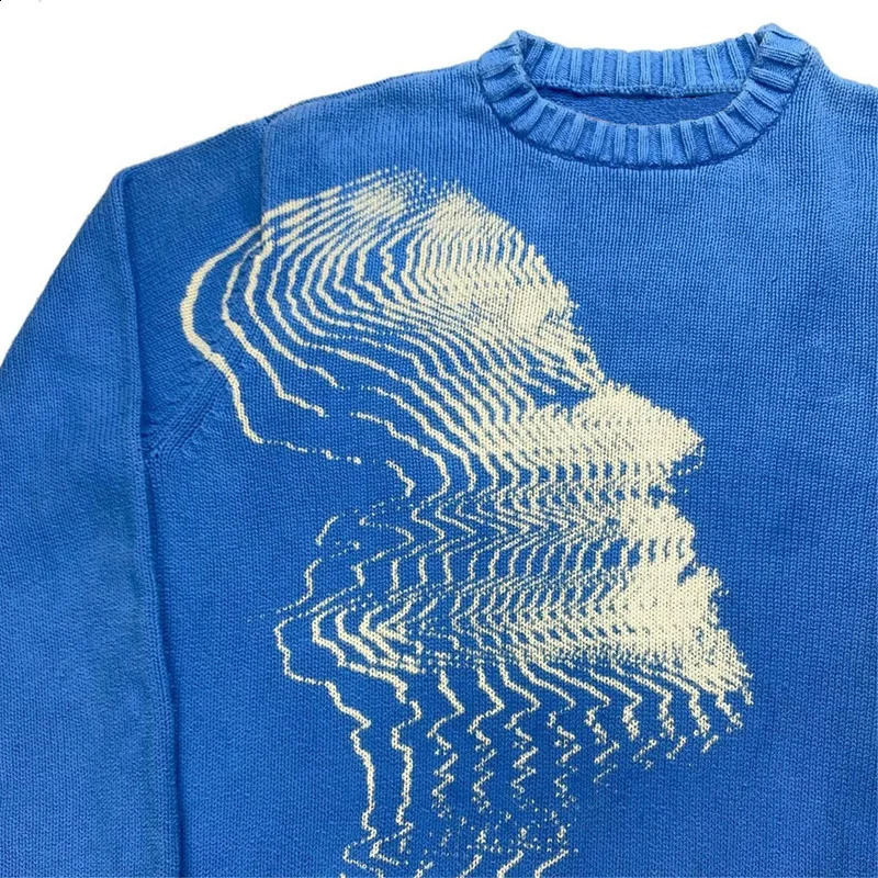 Blue Sweater Mens Y2K Knitted Sweater Harajuku Anime Pattern Retro Knitted Sweater Unisex Cotton Pullover Winter Sweater EMO 240812