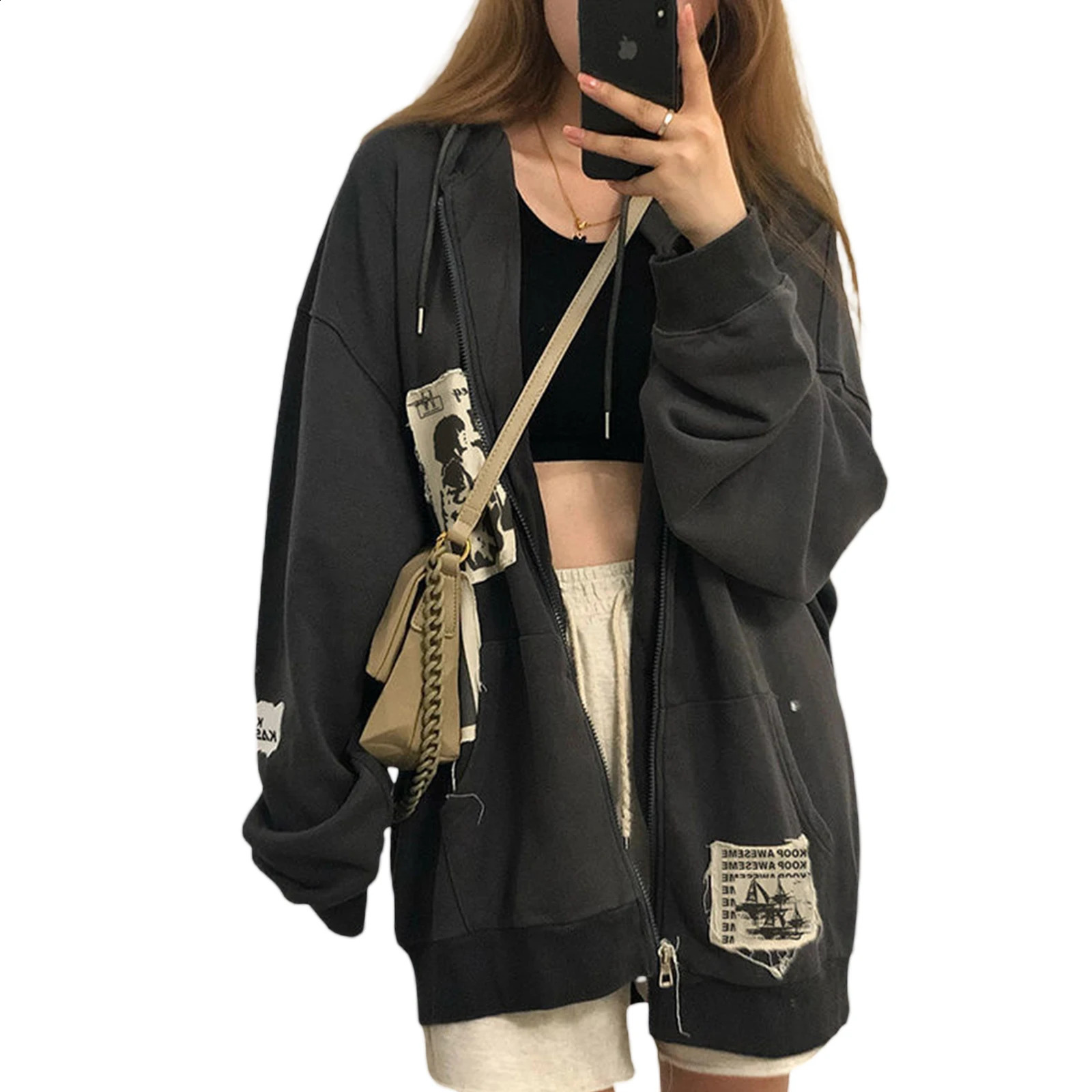 Womens Y2K Zip Up Hoodie Vintage Graphic Oversized Aesthetic Sweatshirt Long Sleeve E-Girl 2000s Streetwear Jacket Y2k 240812