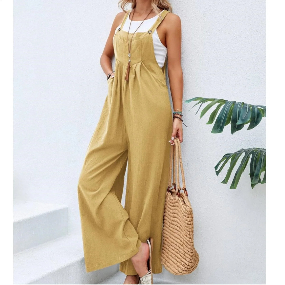Summer Trendy Pants Women Cotton Casual Jumpsuit Solid Multi-Color Wide Leg Straight Pants Office Ladys All-Match Trousers 240813