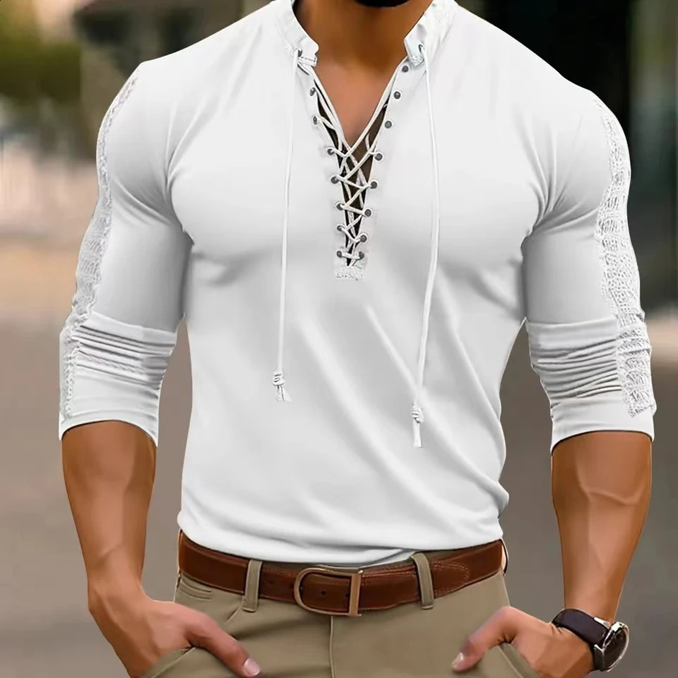 Spring Autumn Men T-Shirts Mesh Patchwork Long Sleeve Top Tees Solid Lace Up V-Neck Casual Bottom Blouse Men Tees Tops 240812