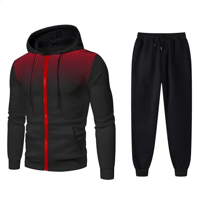 Mens Tracksuit Two-Piece Hoodie Track Pants Jacket Pullover Casual Outdoor Sports Fashion Streetwear Zipper Hooded Set 240813