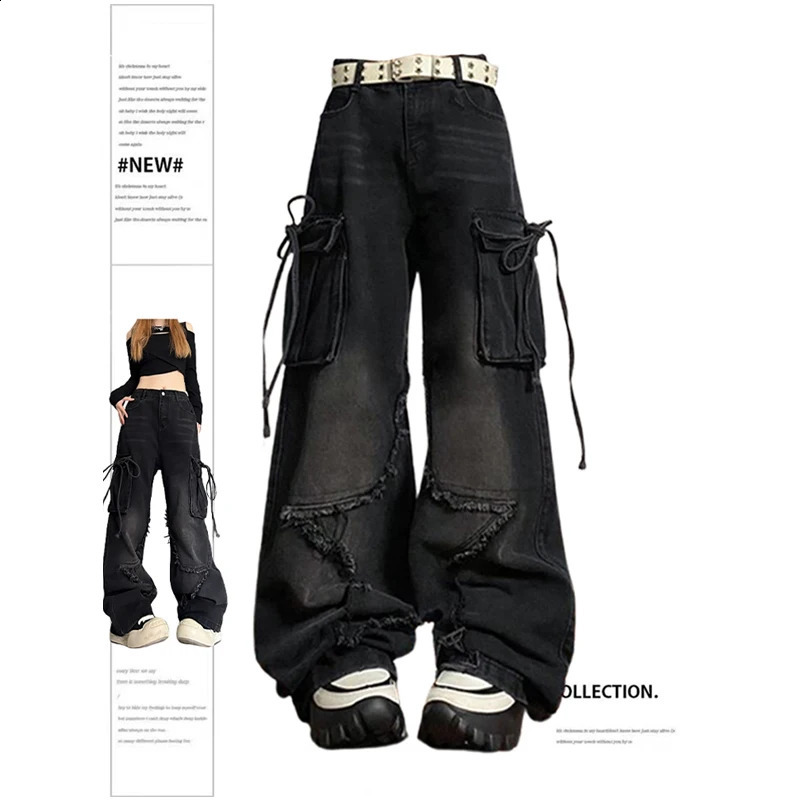 Womens Black Gothic Baggy Cargo Jeans with Star Harajuku Y2k 90s Aesthetic Denim Trousers Emo 2000s Jean Pants Vintage Clothes 240812