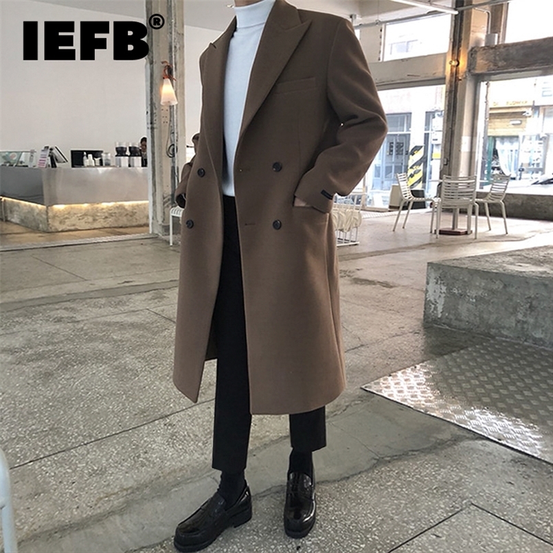 IEFB Mens Autumn Winter Mid Length Woolen Coat Korean Black Thickned Overcoat Long Sleeve Double-breasted Jackets 240812cj