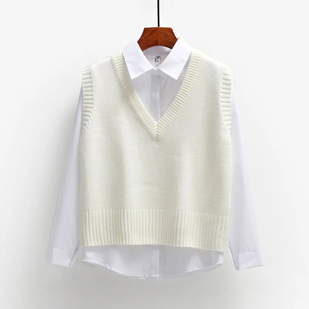 Women Korean Harajuku Sleeveless Knitted Sweater Casual Vest Elegant V Neck Waistcoat Loose Pullover Female Autumn Jumper 240813