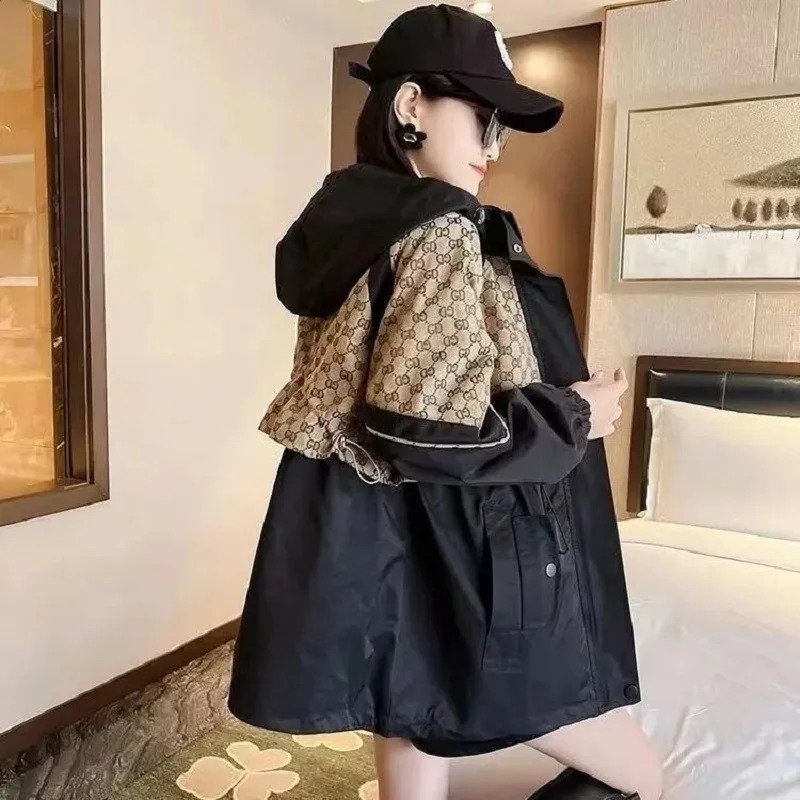 Womens Hooded Trench Coat Workwear Jacket Korean Loose Windbreaker Female Casual Outerwear Large Size Spring Autumn 240812