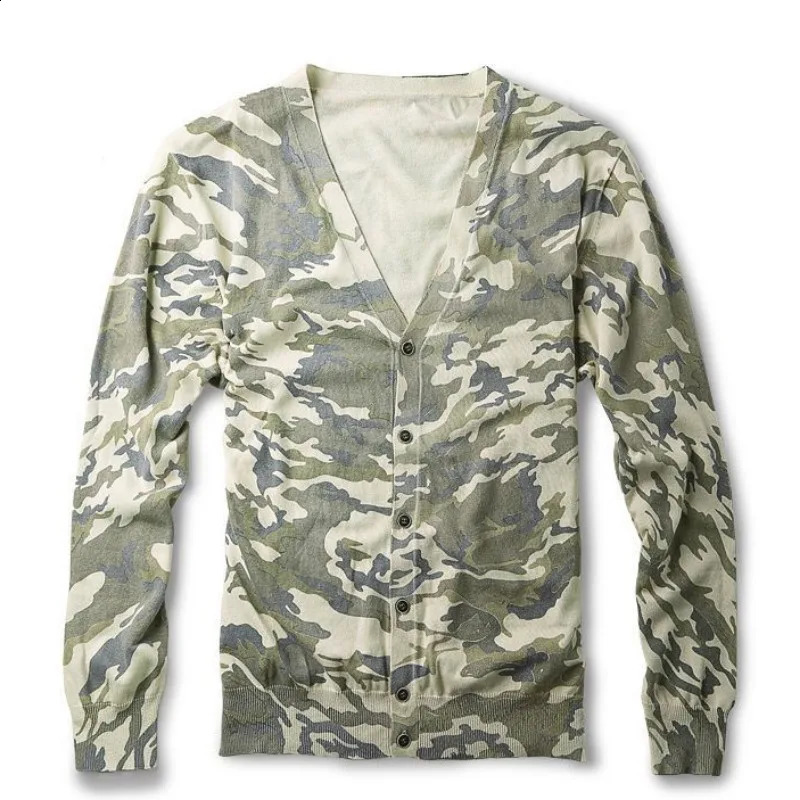 Single Breasted Cotton Camouflage Sweater Vneck Knitted Cardigan Spring Autumn Casual British Style Thin Coats Plus Size 5XL 240813