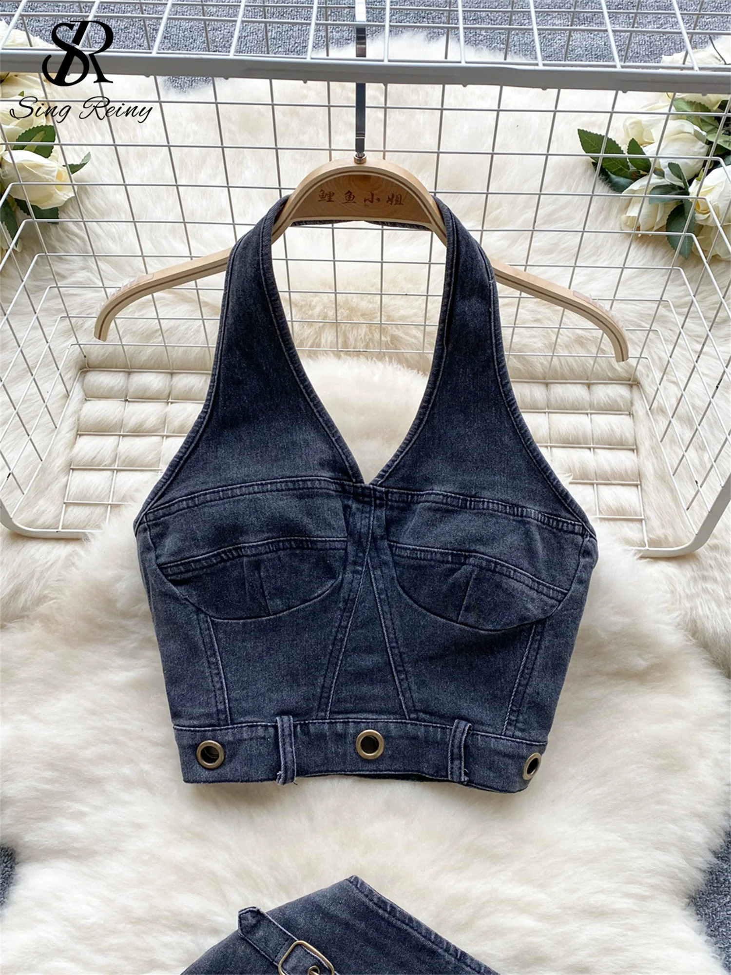 SINGREINY Trend High Street Denim Suits Backless Sleeveles Halter Y2K Top Zipper Pleated Mini Skirt Hollow Out Two Pieces Sets 240812
