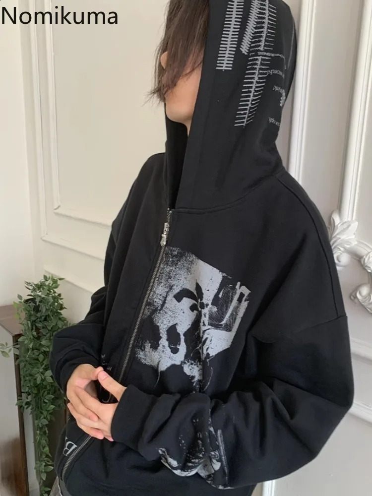 Cotton Punk Zip Up Hoodie Women Harajuku Fashion Hoodies Oversized Jackets Y2k Tops Clothes for Teens Casual Hooded Sweatshirts 240812