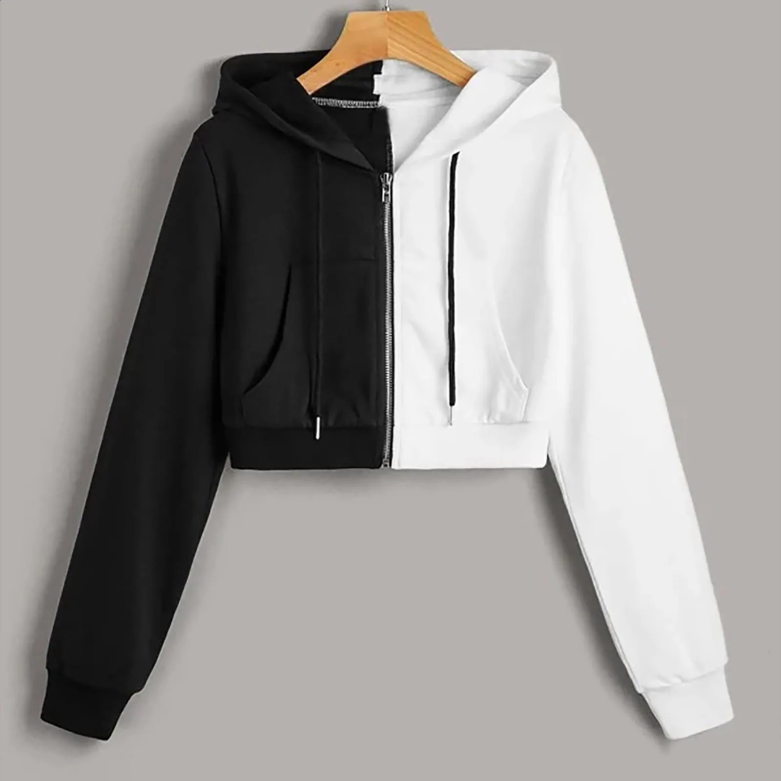 Hoodie black and white with color contrast fashion slim short velvet hoodie wear zipper hoodie 240812
