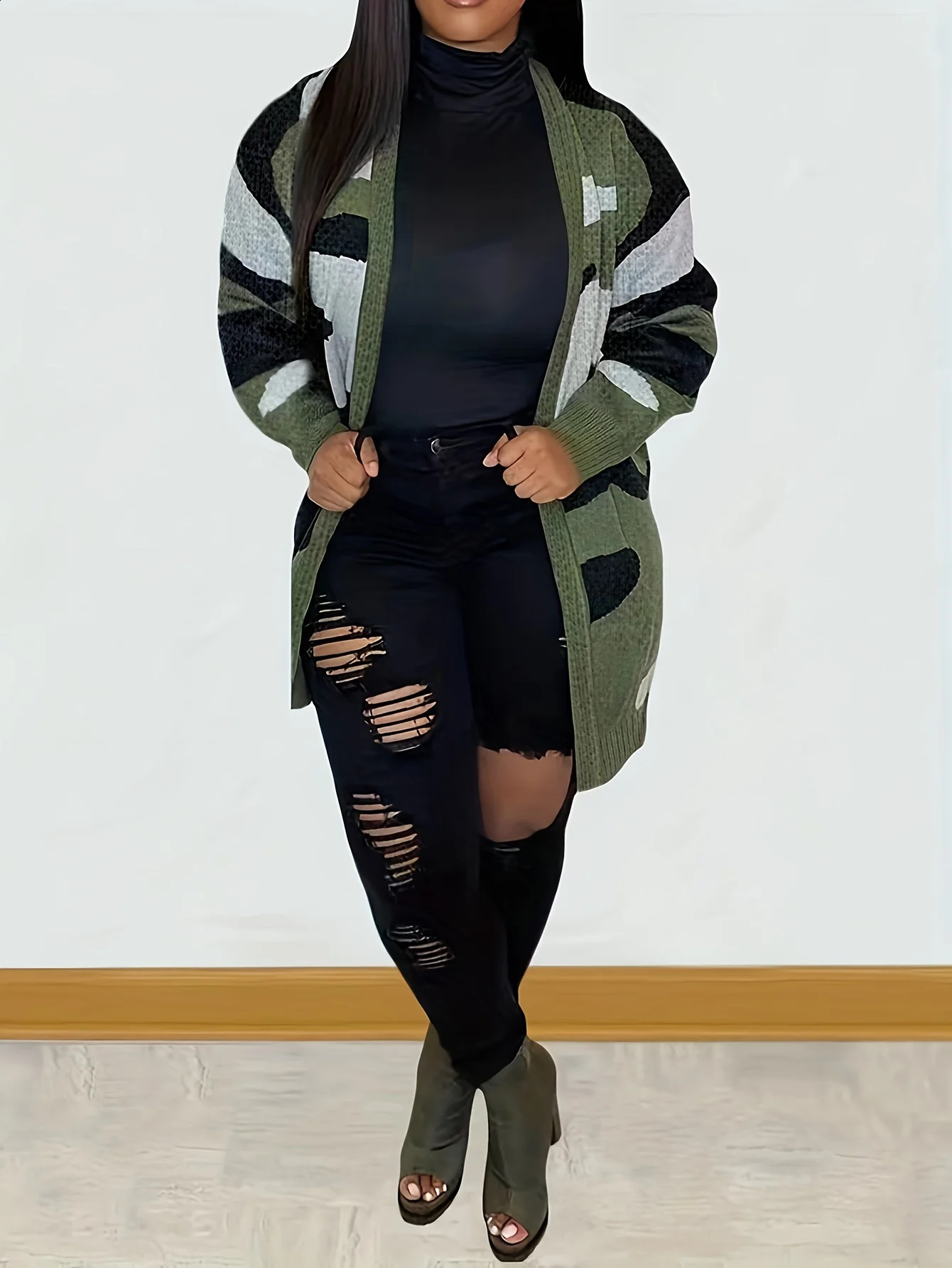 Womens Camo Open Front Cardigan Cozy Long Sleeve Sweater for Fall Winter 240812