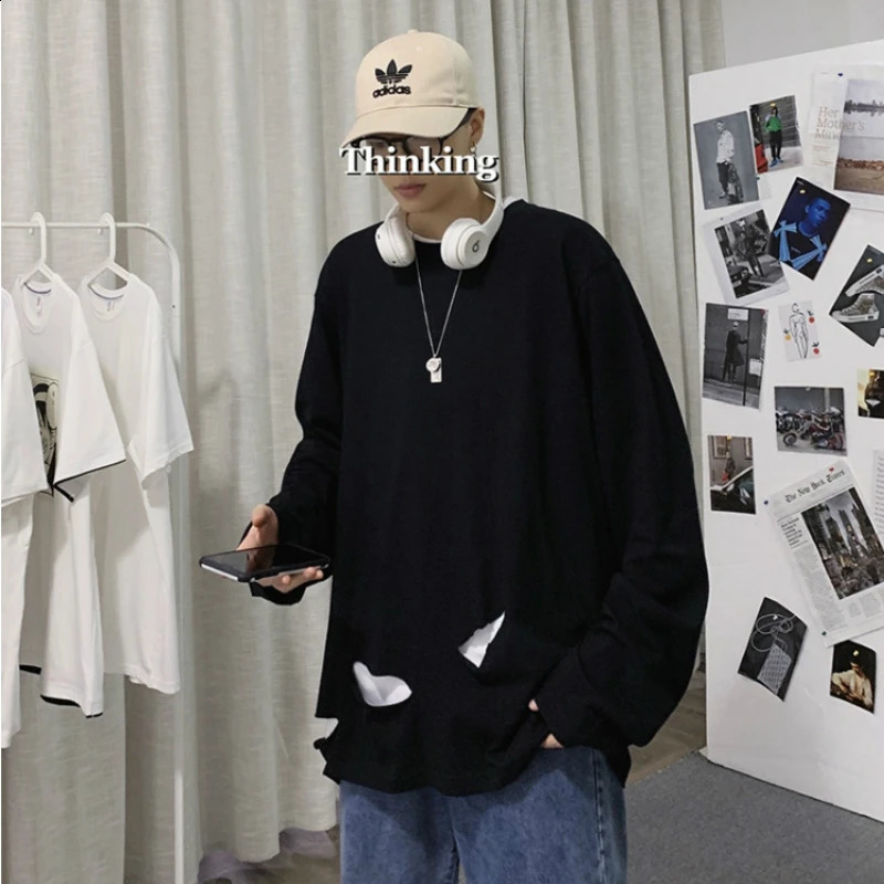Men Long Sleeve T-shirts Holes Ripped Chic Solid Vintage Leisure Plus Size 3XL Ins Tees Fashion Korean Style All-match Harajuku 240812