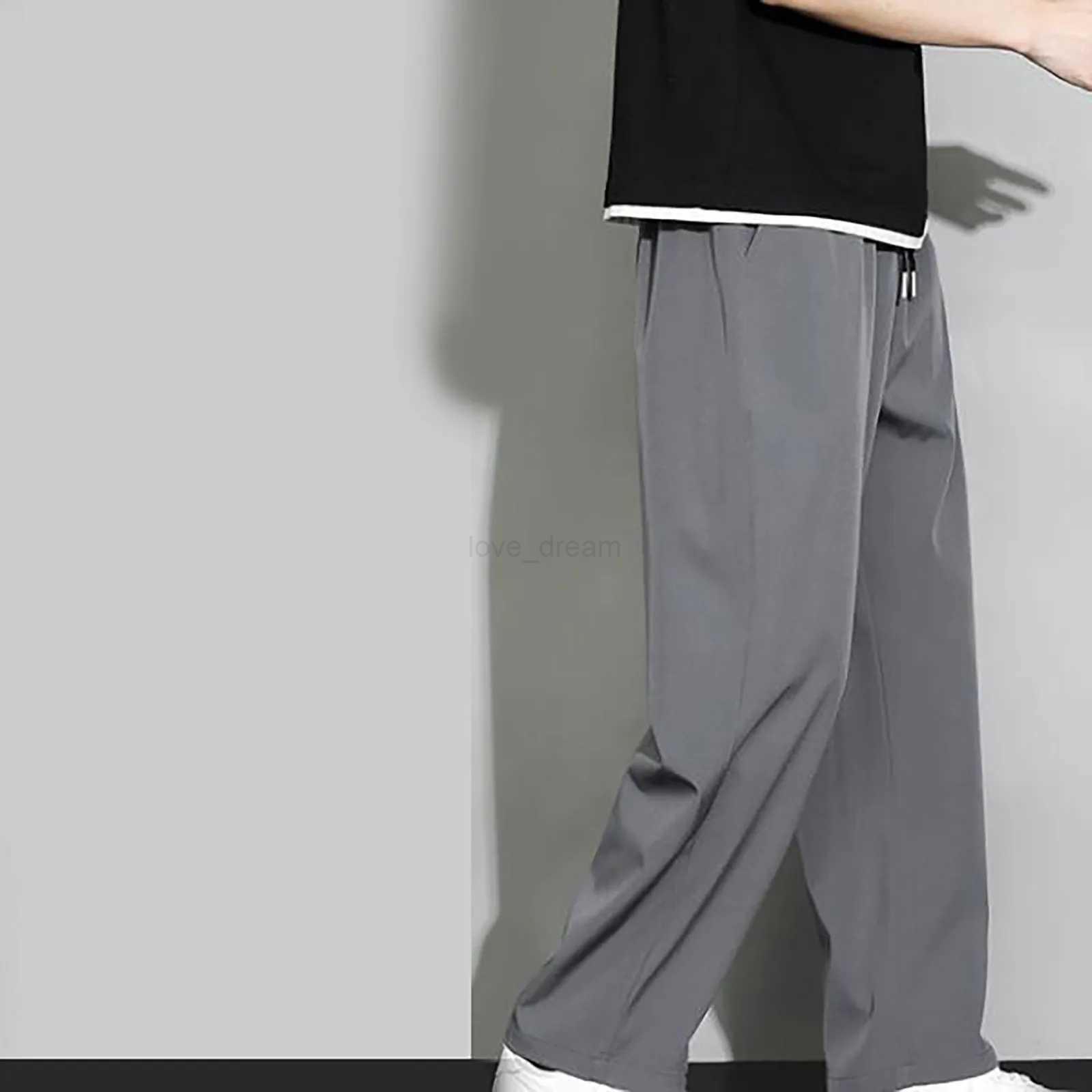 Men Sweatpants Ice Silk Smooth Drawstring Elastic Waist Straight Wide Legs Pockets Men Summer Sports Pants Jogging TrousersXJ240813