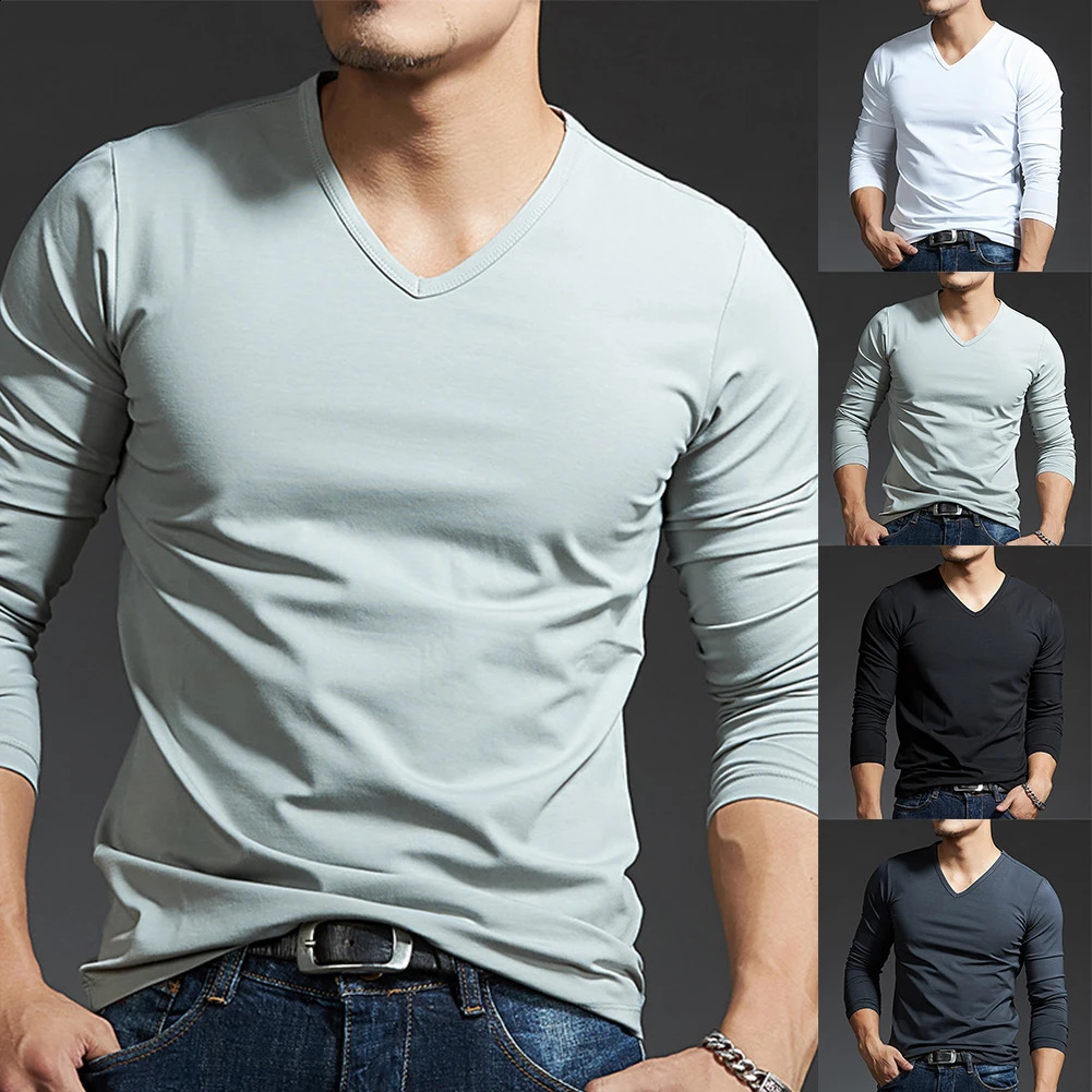 Men's T-Shirts Men's Tees & Polos Casual Mens Long Sleeves V Neck Slim T-Shirt Solid Color Activewear Tops Tee Undershirt Free shipping Men&