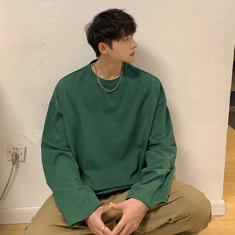 Privatthinker oversized mens T-shirt long sleeved high-quality cotton fashionable Korean clothing top solid color Harajuku mens T-shirt 240826