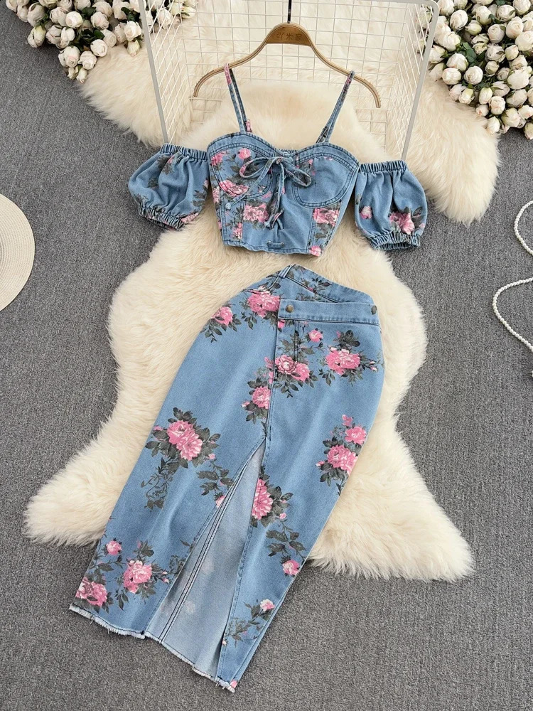 Women 2 Piece Set Denim Fashion Female Chic Sexy Sling Top High Waist Irregular Split Skirt Summer Lady Suit A51 240812