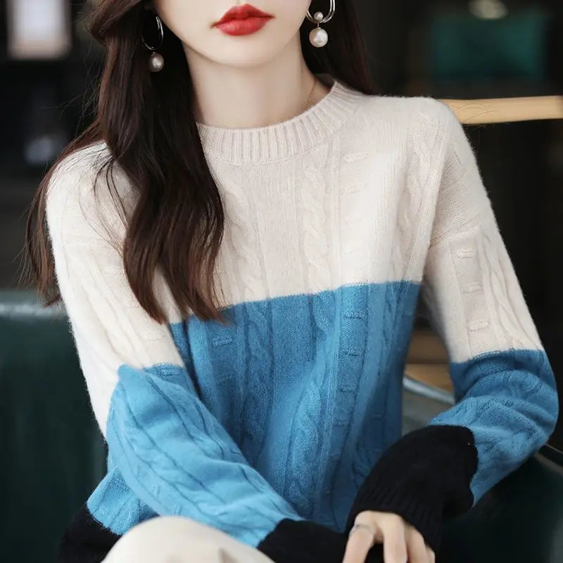 Winter Office Lady Patchwork Knitting Loose O-neck Long Sleeve Pullovers Ladies Fashion Screw Thread Thick Sweater Womens 240812