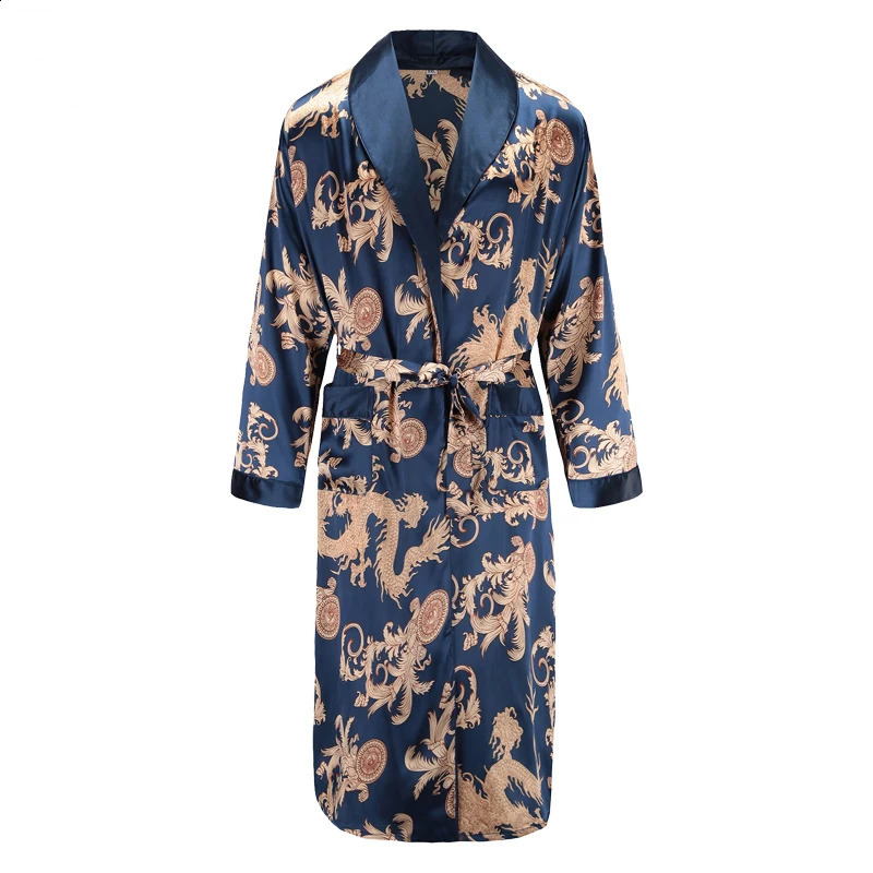 Long Sleeve Robe Satin Sleepwear Print Dragon Phoenix Kimono Bathrobe Gown Mens Casual Home Clothes Loose Pajamas L-XXL 240812