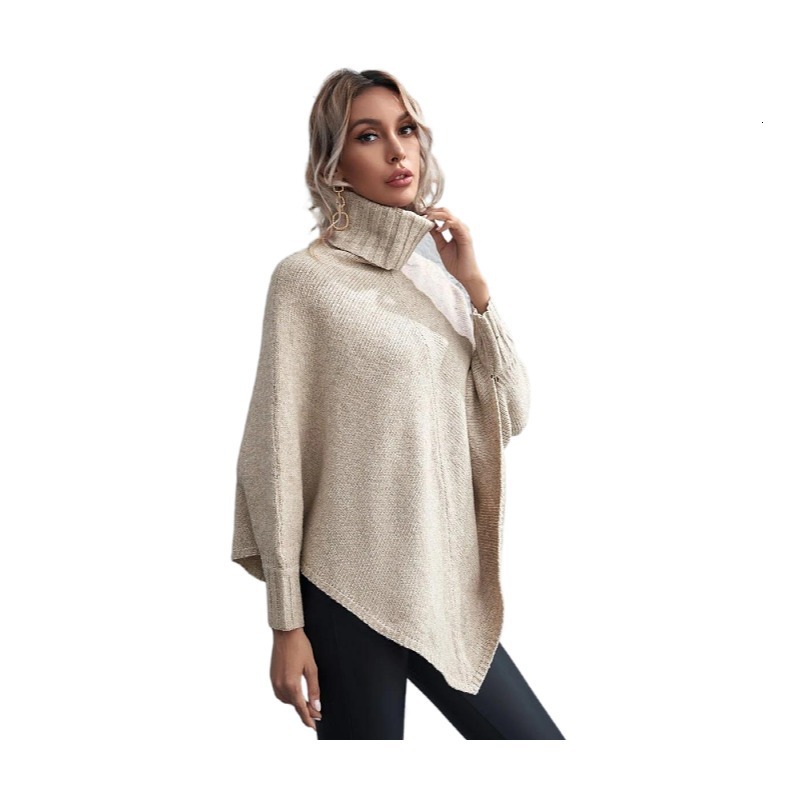 Autumn/Winter High Neck Top Long Sleeve Solid Color Off Shoulder Irregular Knitted Sweater Coat