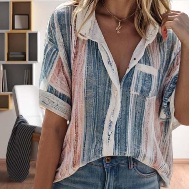 Summer temperament commuting imitation linen design sense contrasting striped shirt