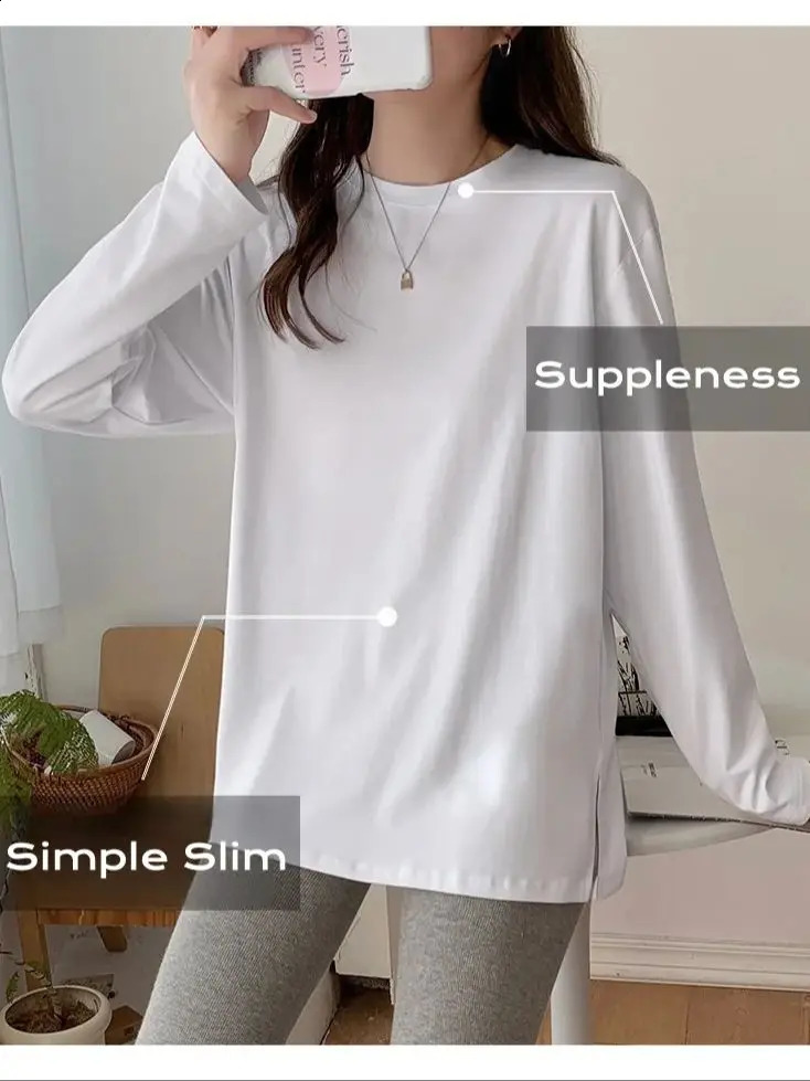 Cotton long sleeved Tshirt for women with loose white midsole and a simple soft cotton top 240812