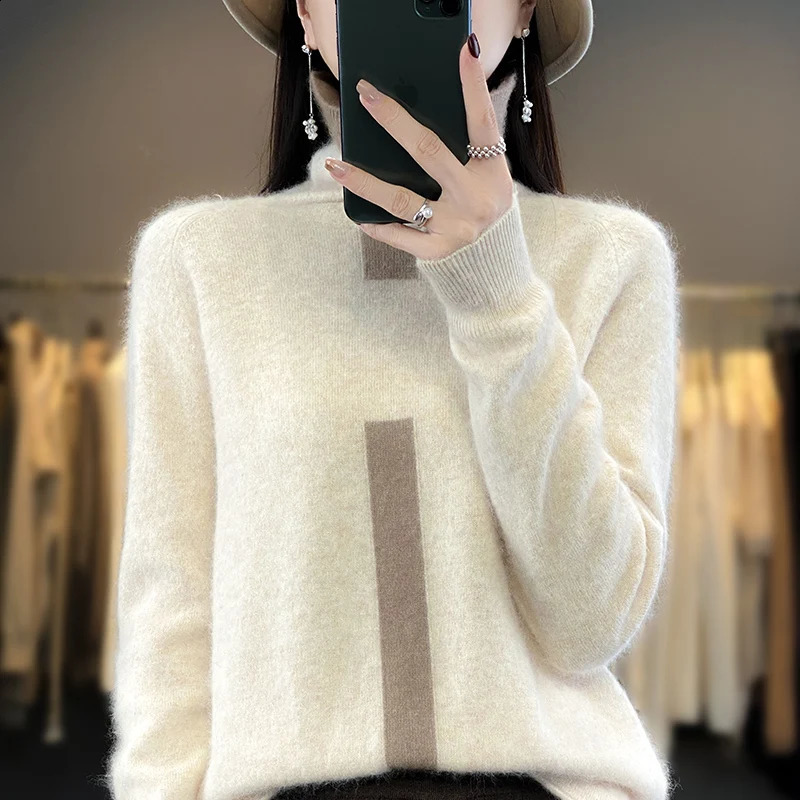 100% Mink Fleece Sweater Womens Stand Up Collar Colored Top Pullover Spring And Autumn Korean Fashion Tight And Warm Fit 240812