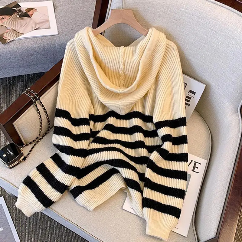 Women Clothing Autumn Winter Trendy Button Striped Hooded Knitted Sweater Casual Streetwear Loose Long Sleeve Pullover Tops 240812