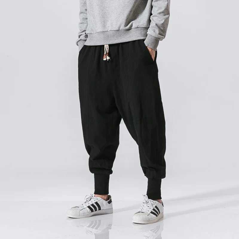 Spring Casual Oversize Harem Pants Men Streetwear Solid Color Harajuku Baggy Pants Cotton Linen Elastic Waist Joggers For ManXJ240813