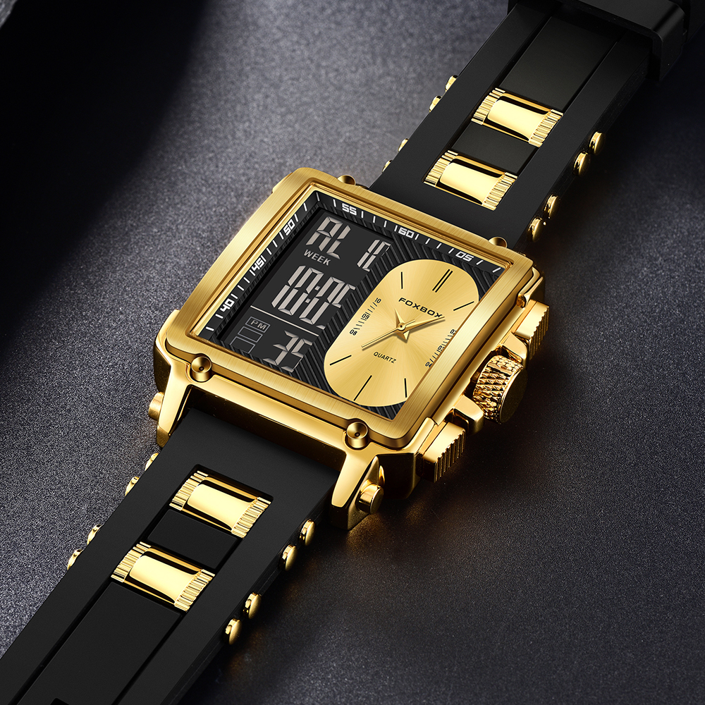 LIGE Men's Square Sports Watch Silicone Strap Multi functional Waterproof Alarm Clock Night Light Watch Men's Dual Display Electronic Watch