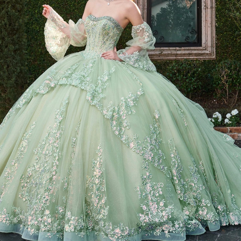 Sage Green Shiny Quinceanera Dress Ball Gown Off The Shoulder Appliques Lace Beads Crystal Tull Sweet 16 Vestidos De 15 Anos