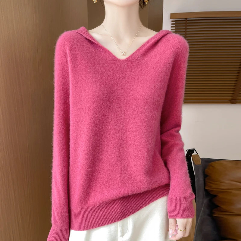 100% Merino Wool Knitted Hoodie Spring Autumn Womens Clothing First-line Hooded Collar Knitted Pullover Shirt Fashion Tops 240824