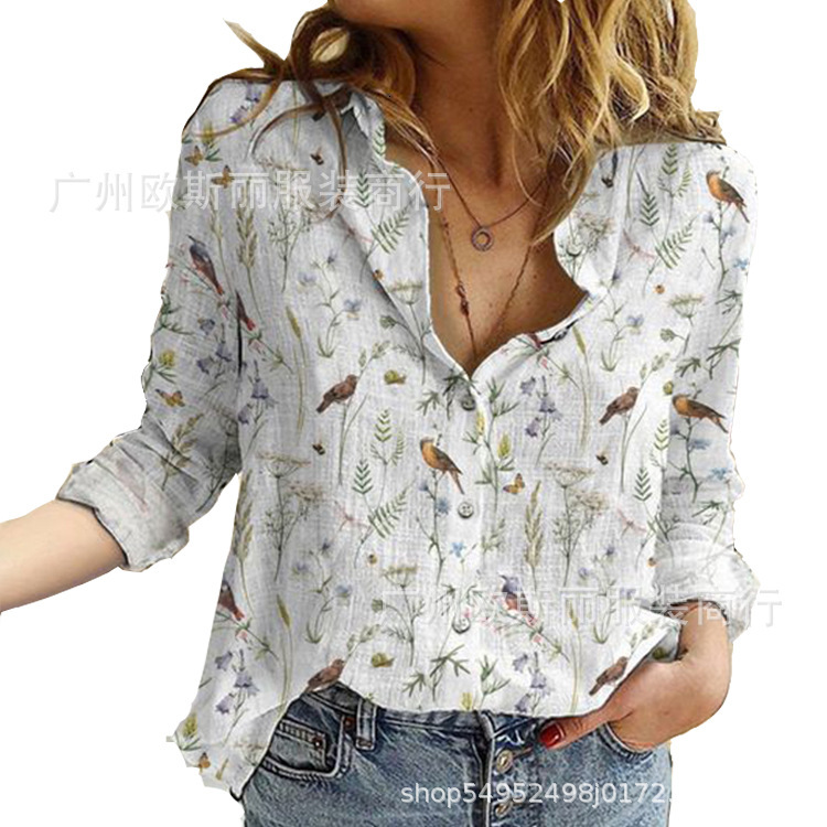 2024 Spring/Summer Women's New Digital Printed Collar Long Sleeve Shirt Blouse