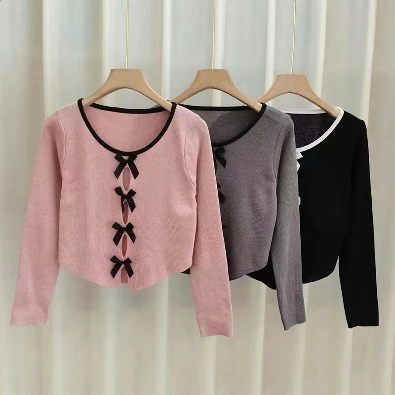 Womens long sleeved round neck breathable knitted thin sweet bow decoration fashionable fully matched sweater top autumn 240812