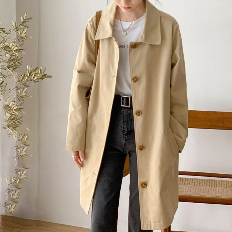Fashion Lapel Button Spliced Pockets Casual Coats Female Clothing Autumn Loose All-match Tops Solid Color Korean Trench 240813