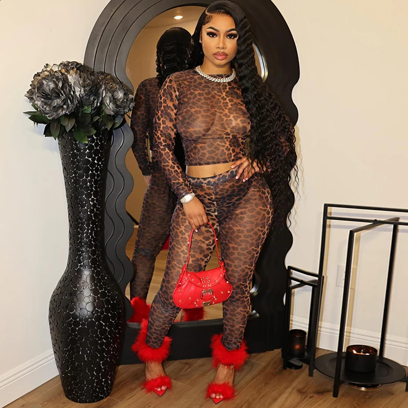 BUILDINGB Print Mesh Two Piece Set Women Sexy O-Neck Long Sleeve Crop Tops And High Waist Pencil Pants Matching 2024 Y2K Streetw 240813