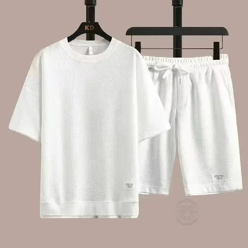 Mens Breathable Waffle Suit Short-sleeved T-shirt Shorts Summer Loose Youth Trend Casual Sportswear Two-piece Set S-4XL 240813