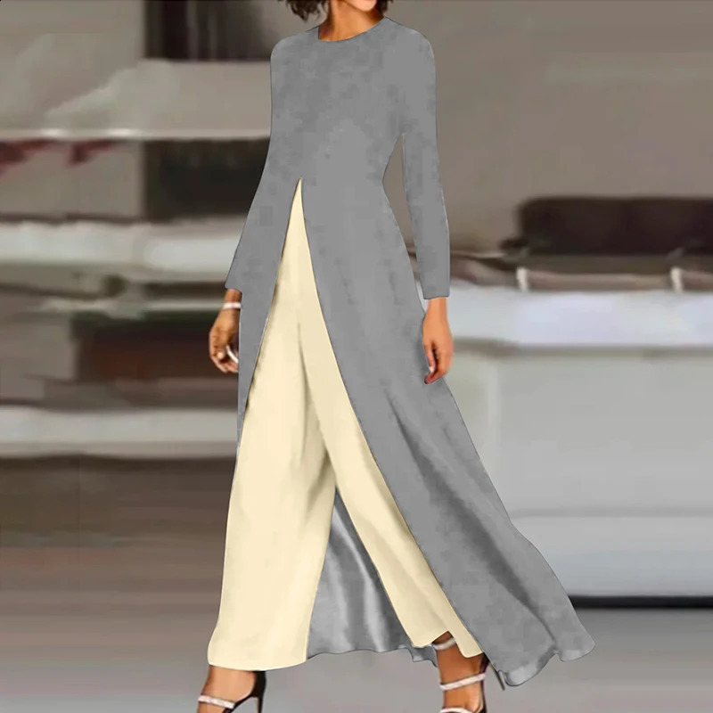 Casual Floral Loose H-Line Two-Piece Set Sexy High Slit Round Neck T-Shirt Solid Color Pants Outfits Spring Crew Neck Women Suit 240813