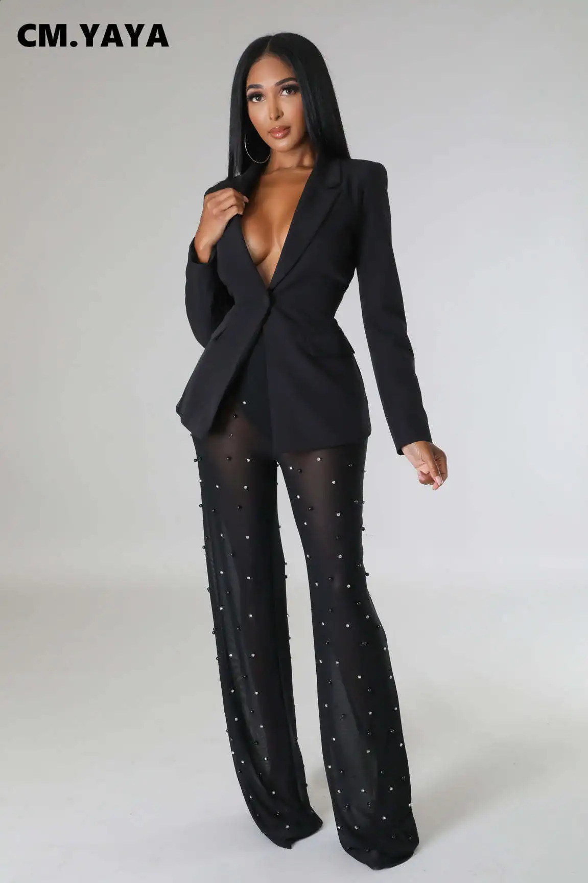 CM YAYA Street Chic Womens Long Sleeve Jacket Set and Mesh Beaded Pants Winter Two Piece Sportswear 240812