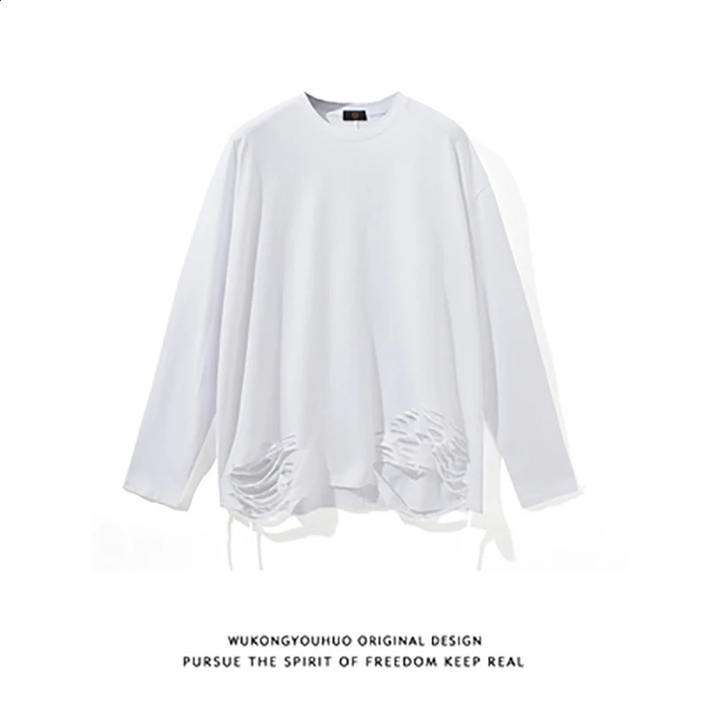 Fall Knife Cut Ripped Hole Long Sleeve Men Round Neck T Shirts Personality Hip Hop Punk Fashion Casual 2xl Oversized Streetwear 240812