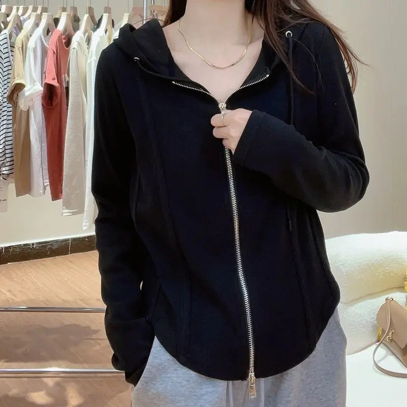 Spring Autumn Solid Color Fashion Long Sleeve Hoodies Women High Street Casual Slim Zipper Drawstring All-match Cardigan 240812