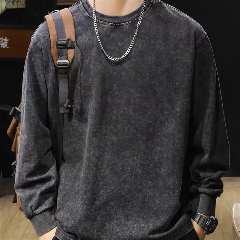 240G Heavy Washed-out Vintage Pure 100% Cotton Long-Sleeve T-shirt Men and Women Loose Spring and Autumn round Neck Sweater 240812