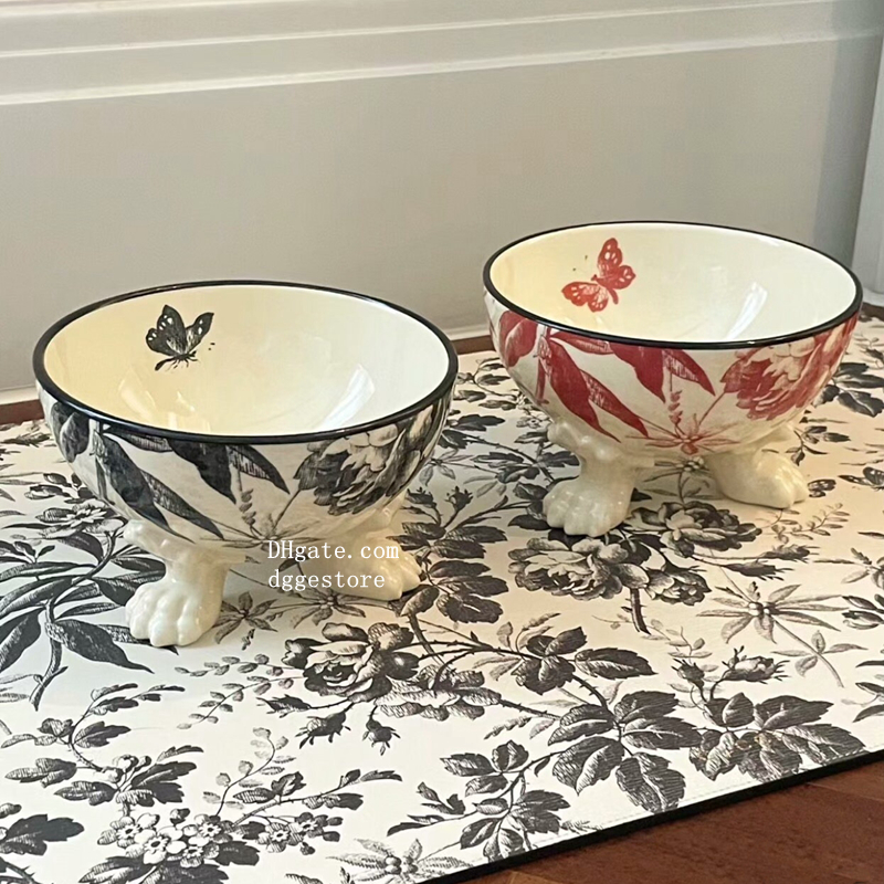Designer Bowls Mat set, Extra Wide Raised Ceramic Cat Food Bowl, Elevated, Prevent Neck & Whisker Fatigue, Dishwasher and Microwave Safe Red/Black J15