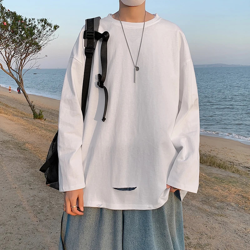 Men Long Sleeve T-shirts Ripped Clothing Summer Fashion High Street Harajuku All-match Handsome Korean Teens Cool Baggy 240812