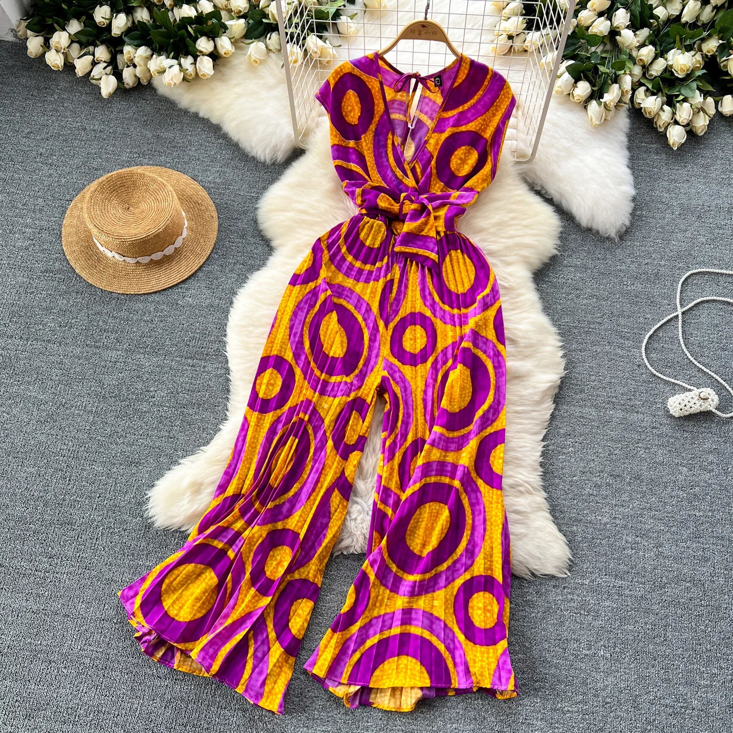 2024 Summer Elegant Women Abstract Print Jumpsuit Chic Streetwear Wide Leg Romper Mujer V Neck Bodycon Sleeveless High Jumps 240813