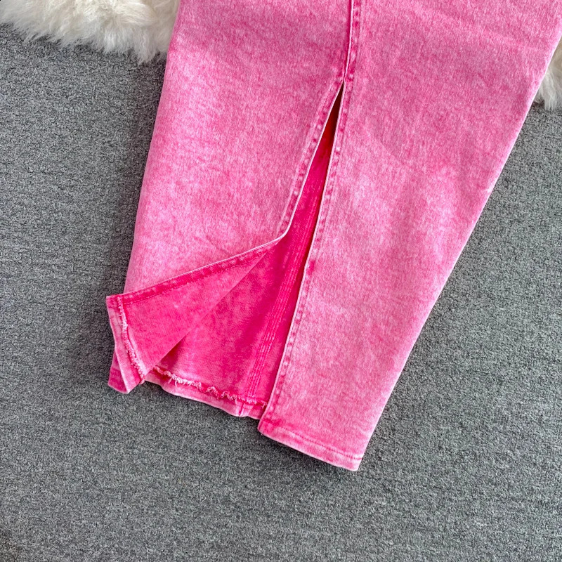 Pink Short Denim Jacket Womens Skirt Set Mid-length High Waisted Split Slinm Package Hip Skirts 2024 Spring Autumn 240812