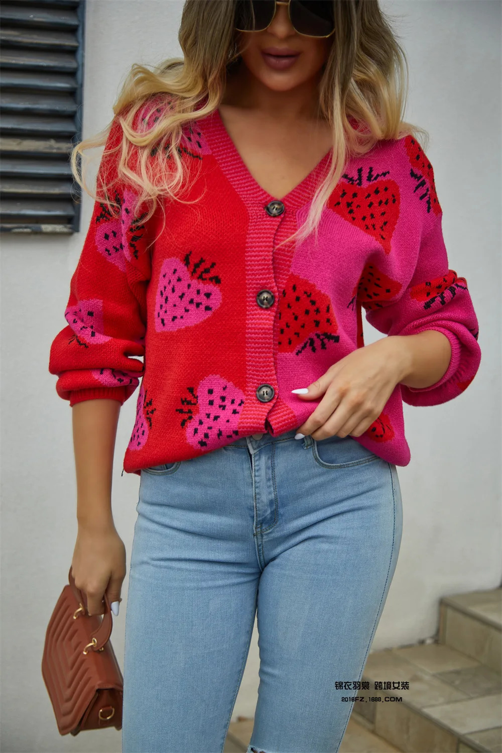 AutumnWinter European and American Cross border Sweater Vneck Button Cardigan Strawberry Coat Female 240812
